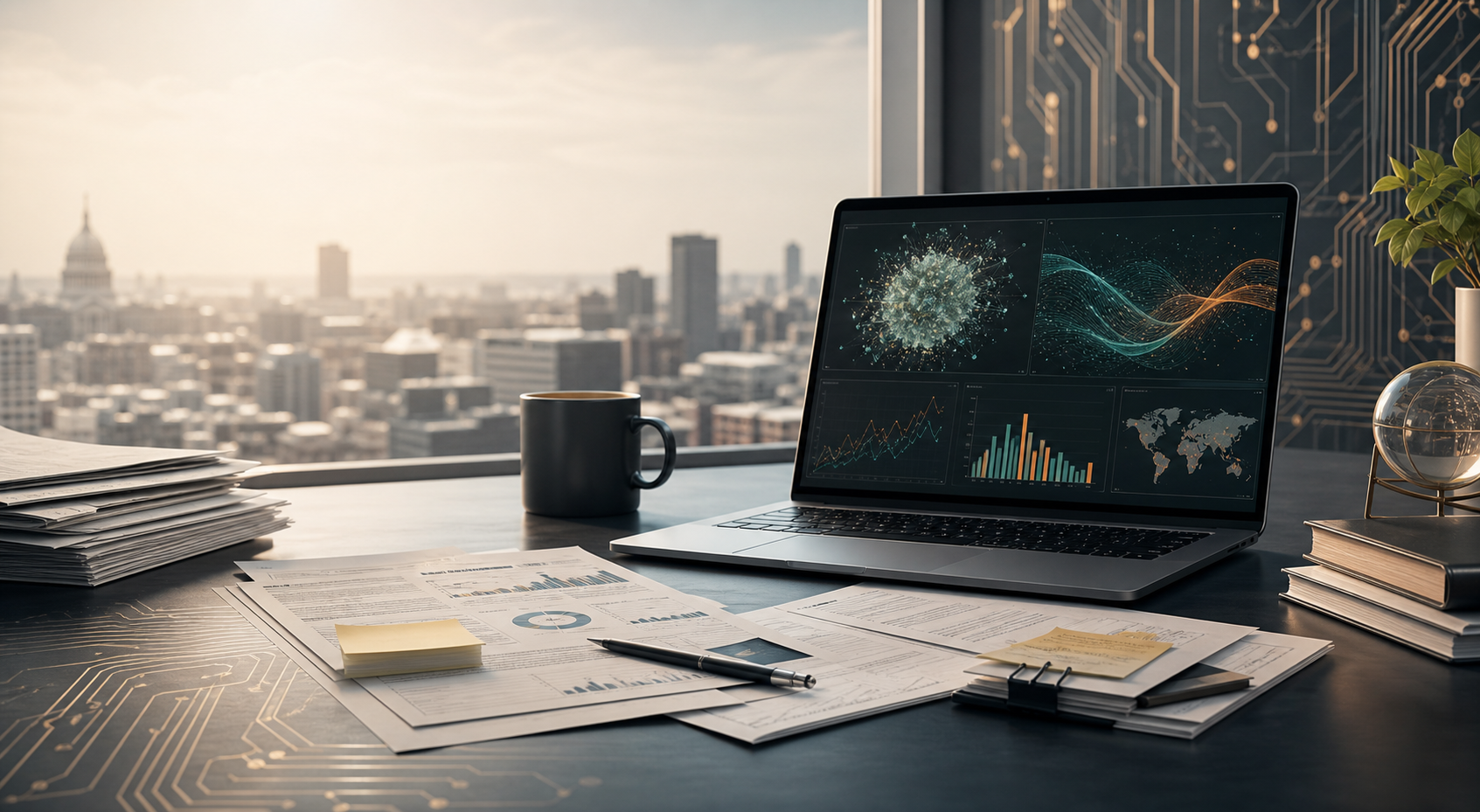 Editorial desk with abstract AI data visualizations and research notes